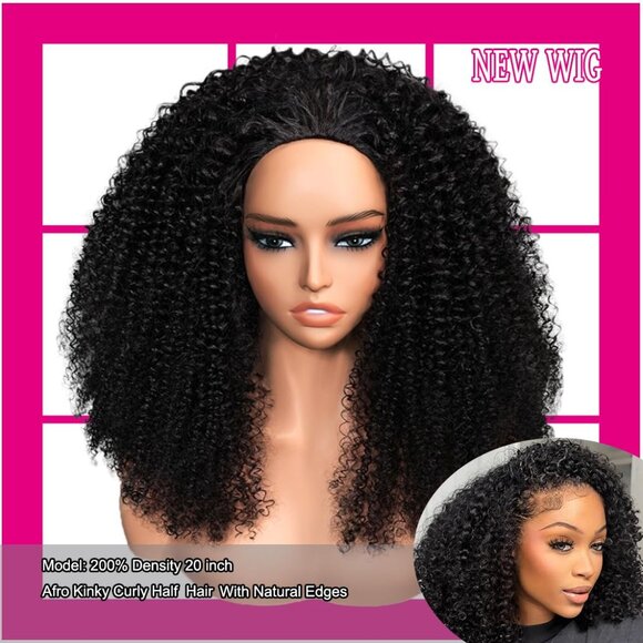 Kinky Curly Human Hair Half Wig 16 Inch 3 In 1 Headband Glueless Curly Wig - Picture 2 of 7